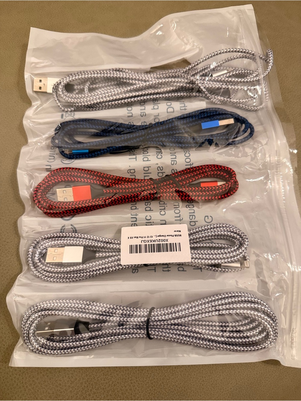 5 Braided USB iPhone Charging Cable - Red, Blue, Silver